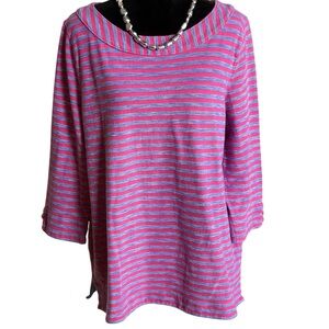 TALBOTS NAUTICAL DENIM/PINK STRIPED 3/4 SLEEVE SWEATSHIRT SZ 1X